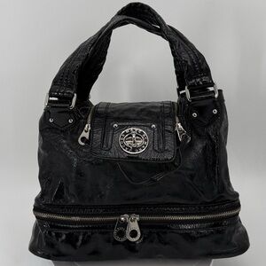 Marc Jacobs Crinkled Patent Leather Black Satchel Bag Glossy Textured Zip